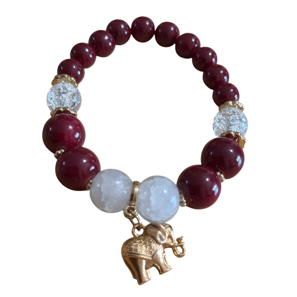 Red Beaded Elephant Charm Stretch Bracelet Gold Tone Boho Lucky Wisdom Novelty